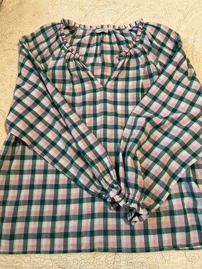 J. Crew Pink and Green Gingham Ruffle-Neck Blouse